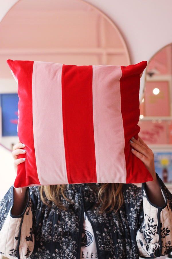 Stripes Pink and Red Velvet Cushion