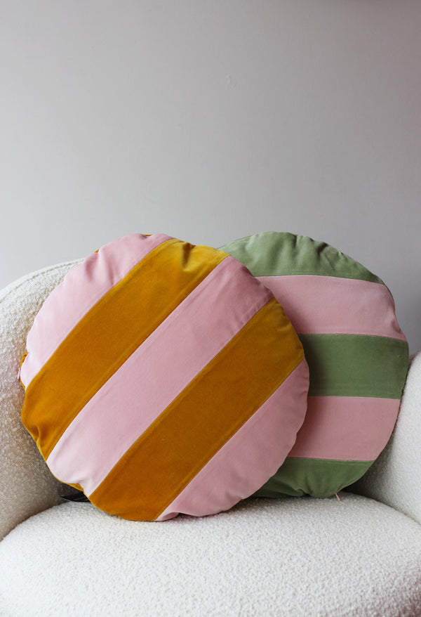 Stripes Mustard and Pink Velvet Round Cushion