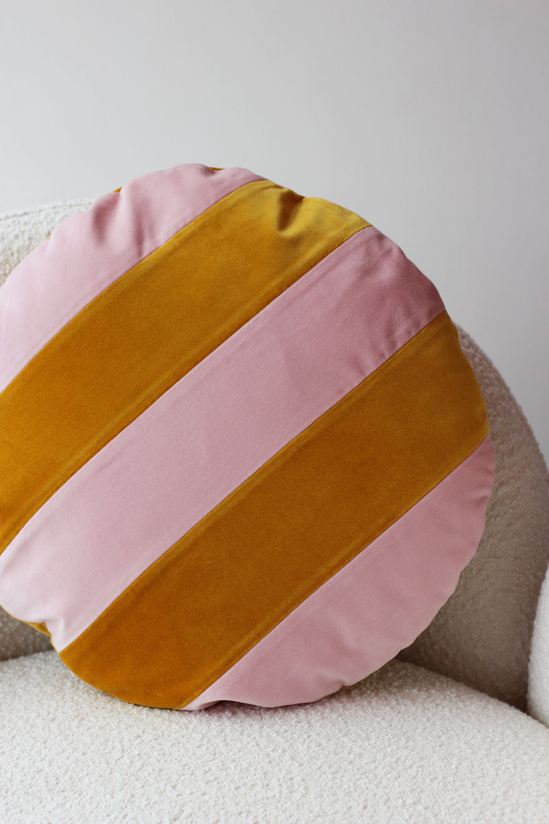 Stripes Mustard and Pink Velvet Round Cushion