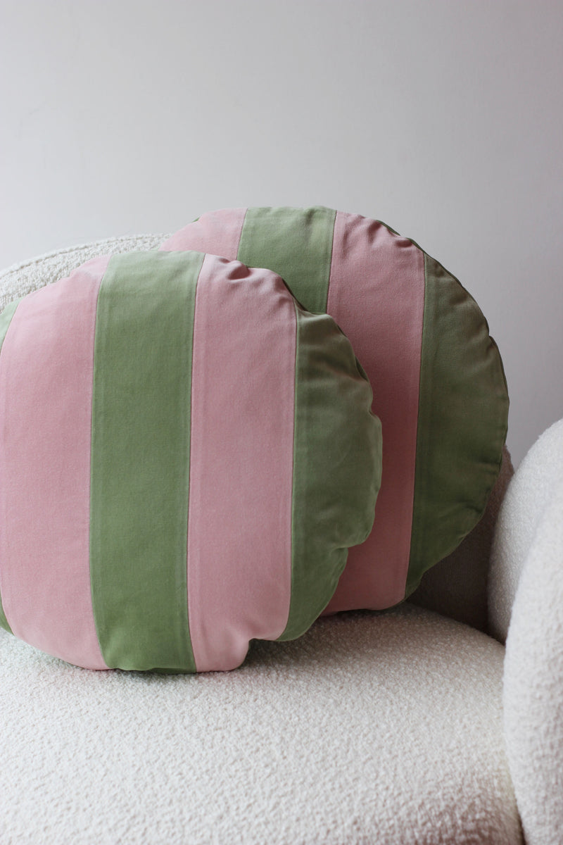 Stripes Mint and Pink Velvet Round Cushion