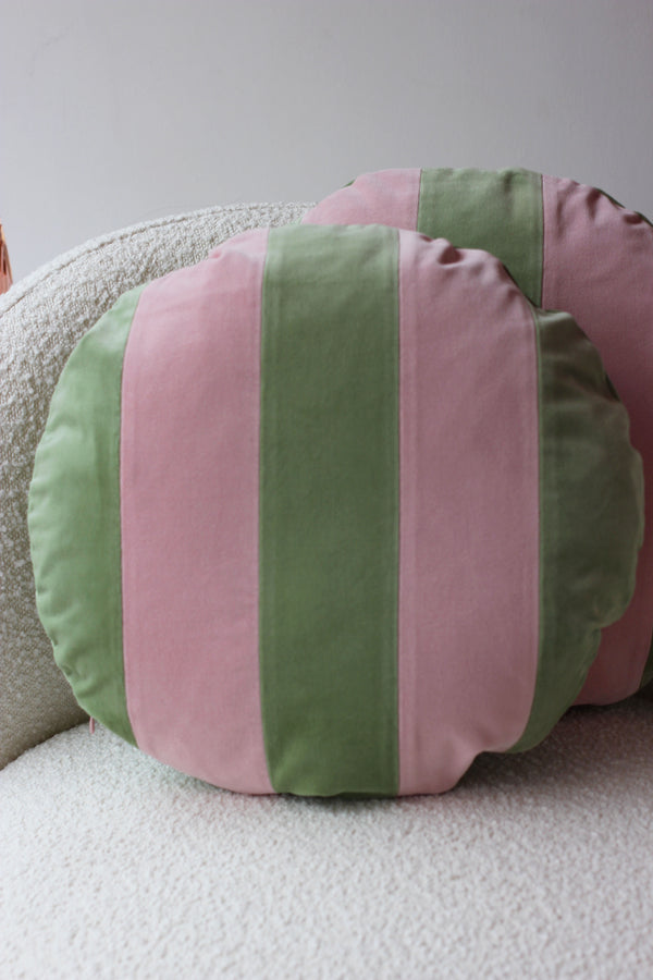 Stripes Mint and Pink Velvet Round Cushion