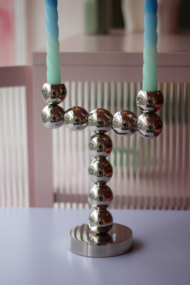 Bubbles Two Shiny Silver Candle Holder