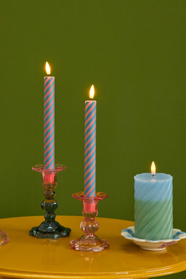 LED Candle in Coral and Petrol Stripes - Set of 2