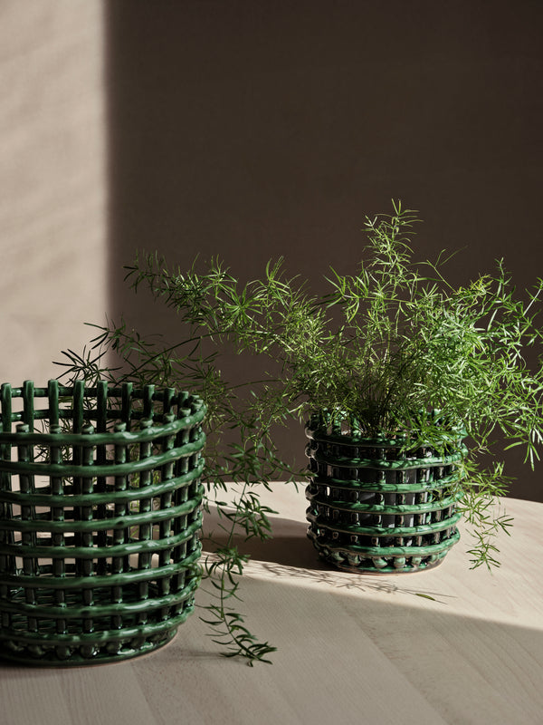 Green Ceramic Basket Pot/ Planter