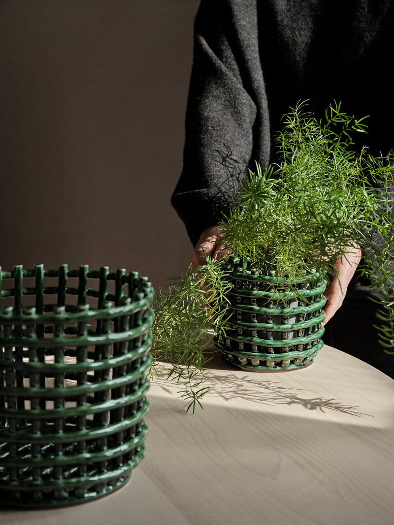 Green Ceramic Basket Pot/ Planter